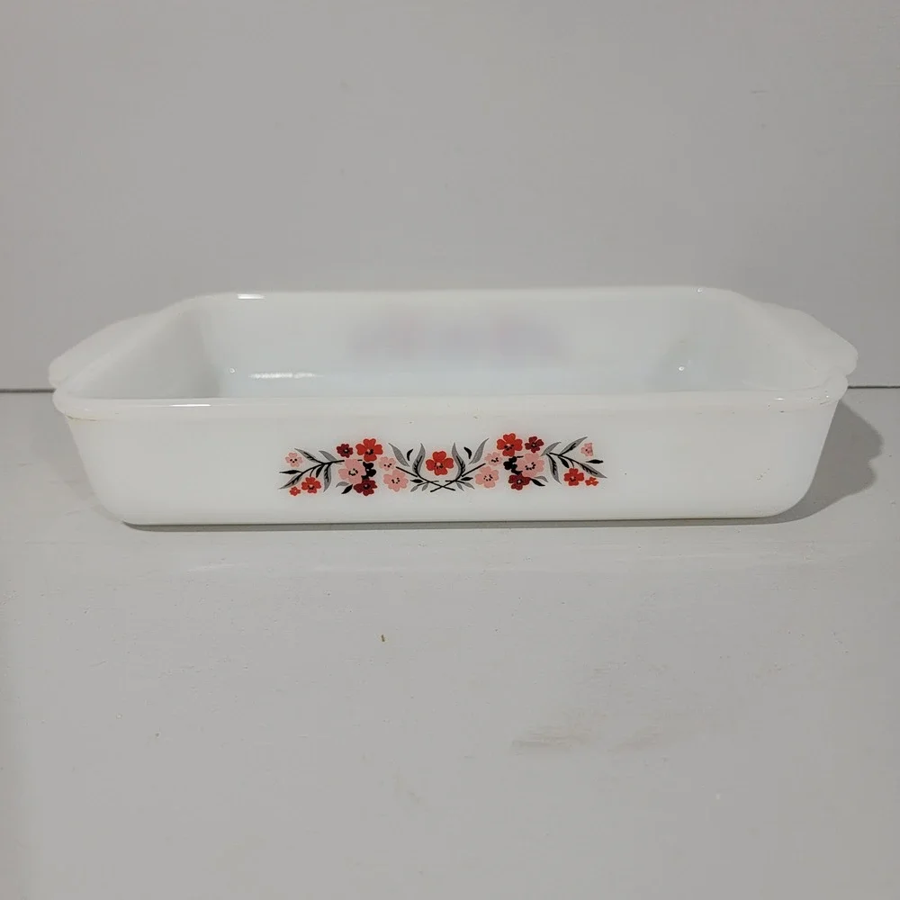 Vintage Fire-King Primrose Milk Glass Rectangle Casserole Baking Dish 1960s 11x7